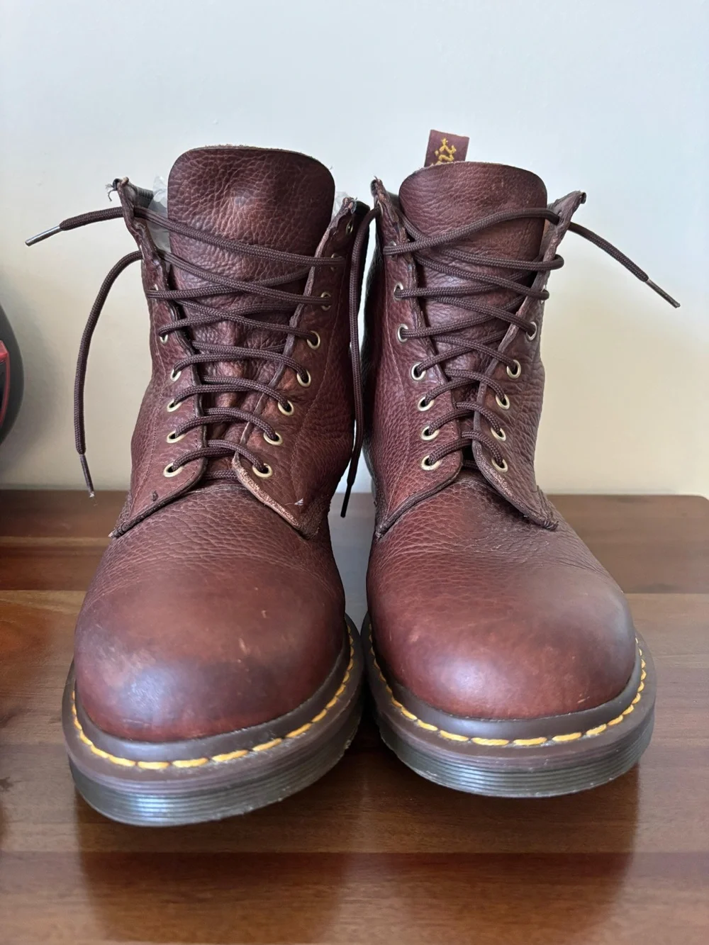 Dr. Martens Brown Leather Lace-Up Work Boots with Yellow Stitching